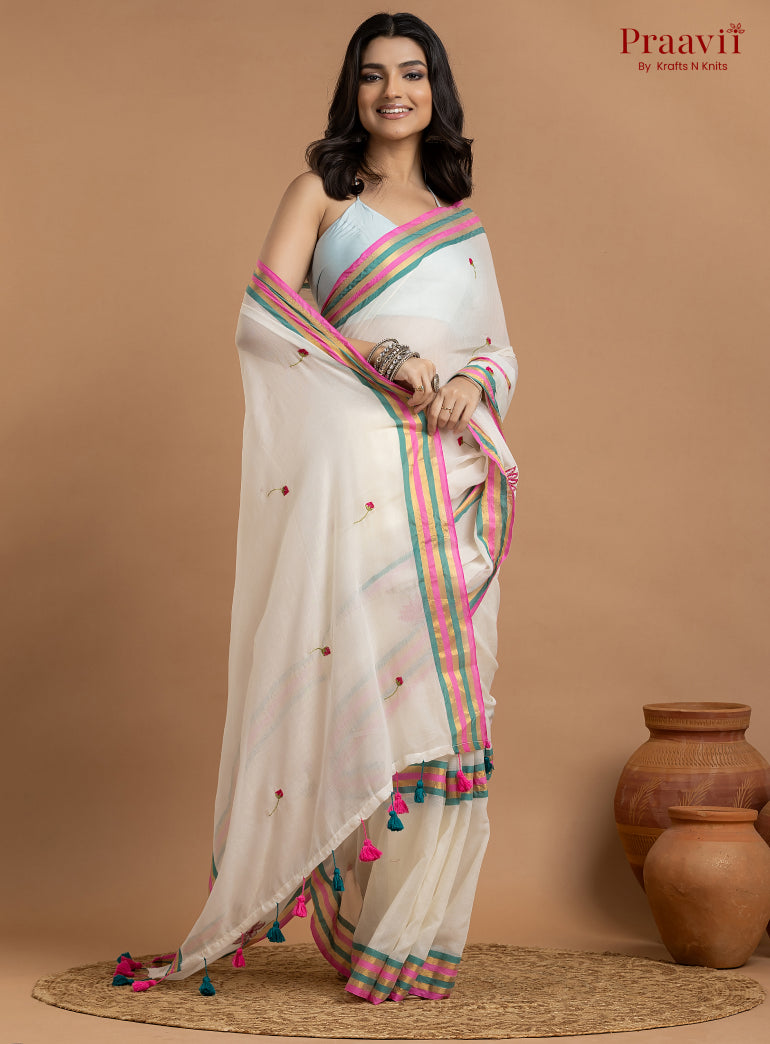 White Pure Mulmul Cotton Saree with Lotus Motifs