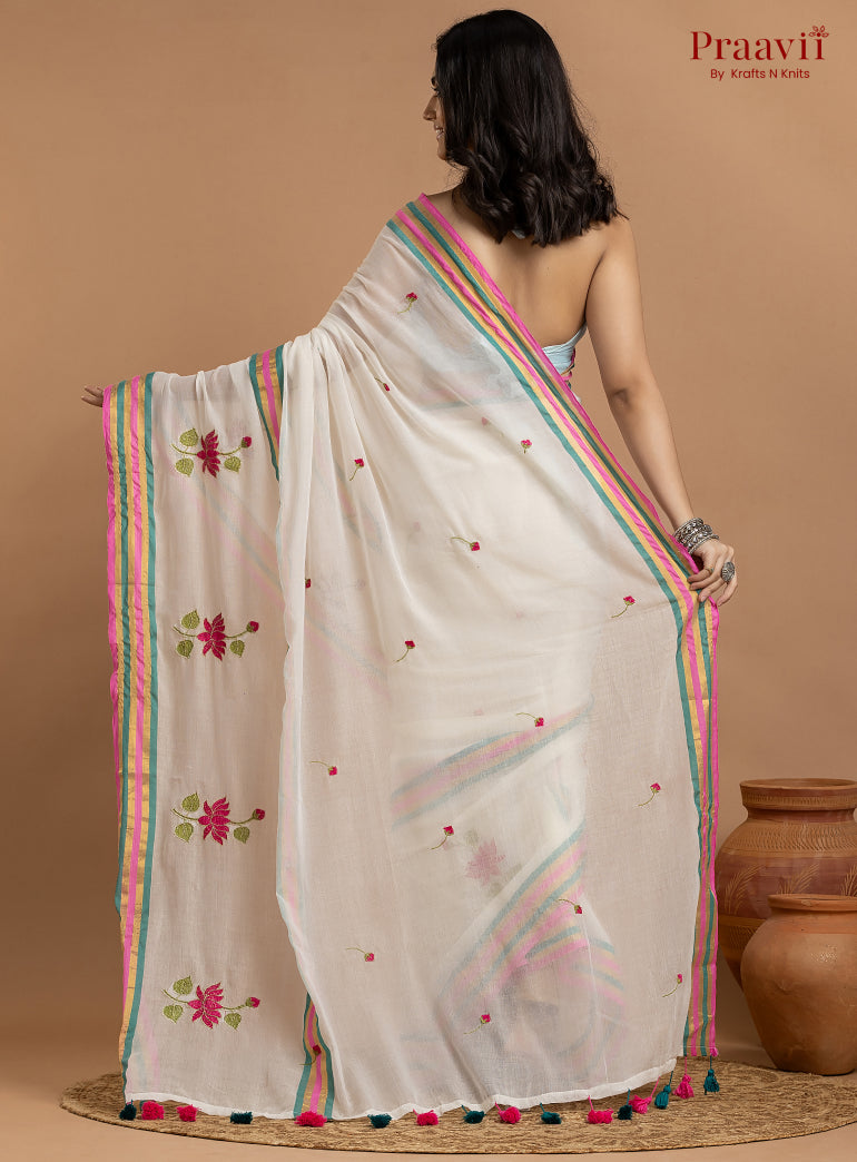 White Pure Mulmul Cotton Saree with Lotus Motifs