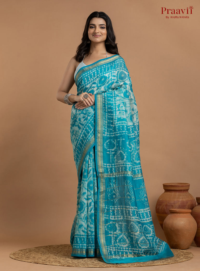 Blue Maheshwari Silk by Cotton Hand Block Print Saree