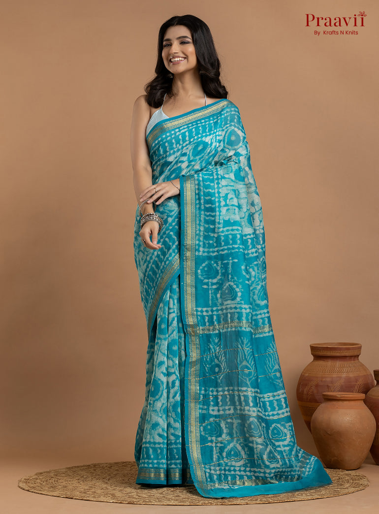 Blue Maheshwari Silk by Cotton Hand Block Print Saree