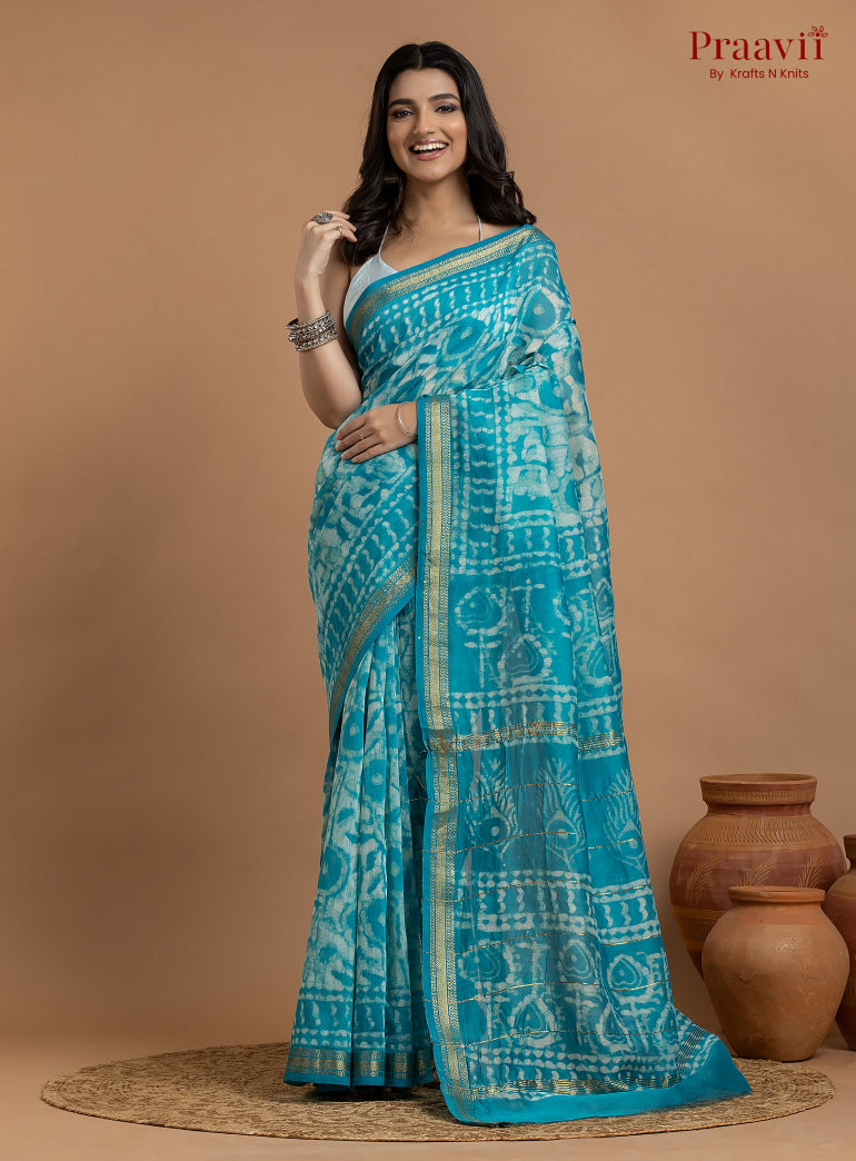 Blue Maheshwari Silk by Cotton Hand Block Print Saree