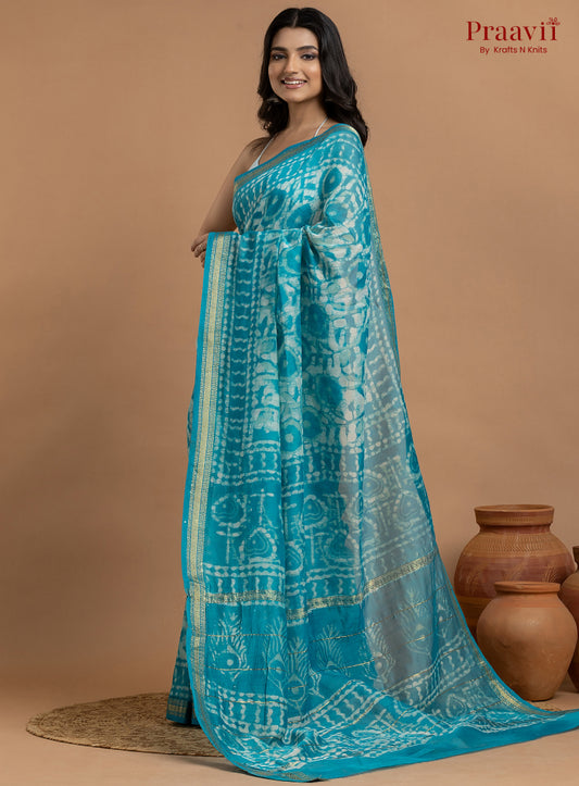Blue Maheshwari Silk by Cotton Hand Block Print Saree