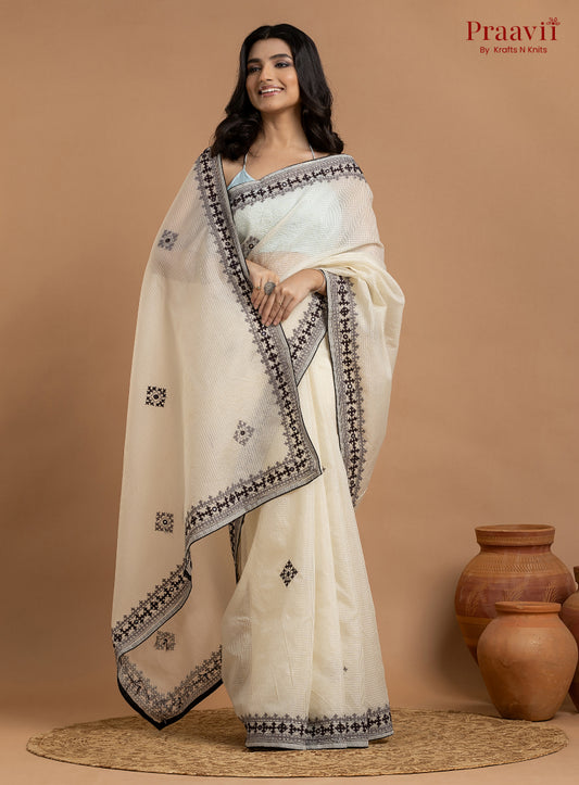White Kota Saree with Kutch Hand Work