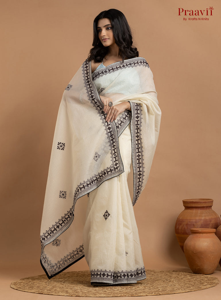 White Kota Saree with Kutch Hand Work