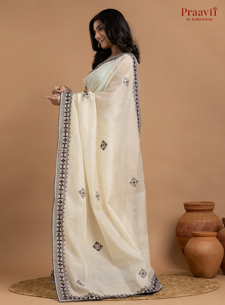 White Kota Saree with Kutch Hand Work