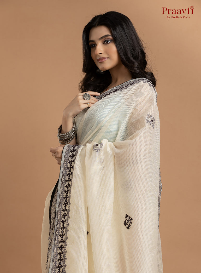 White Kota Saree with Kutch Hand Work