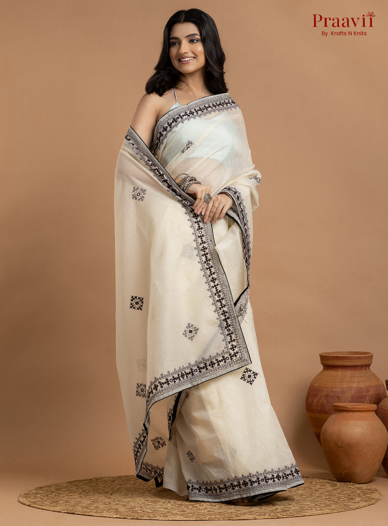 White Kota Saree with Kutch Hand Work