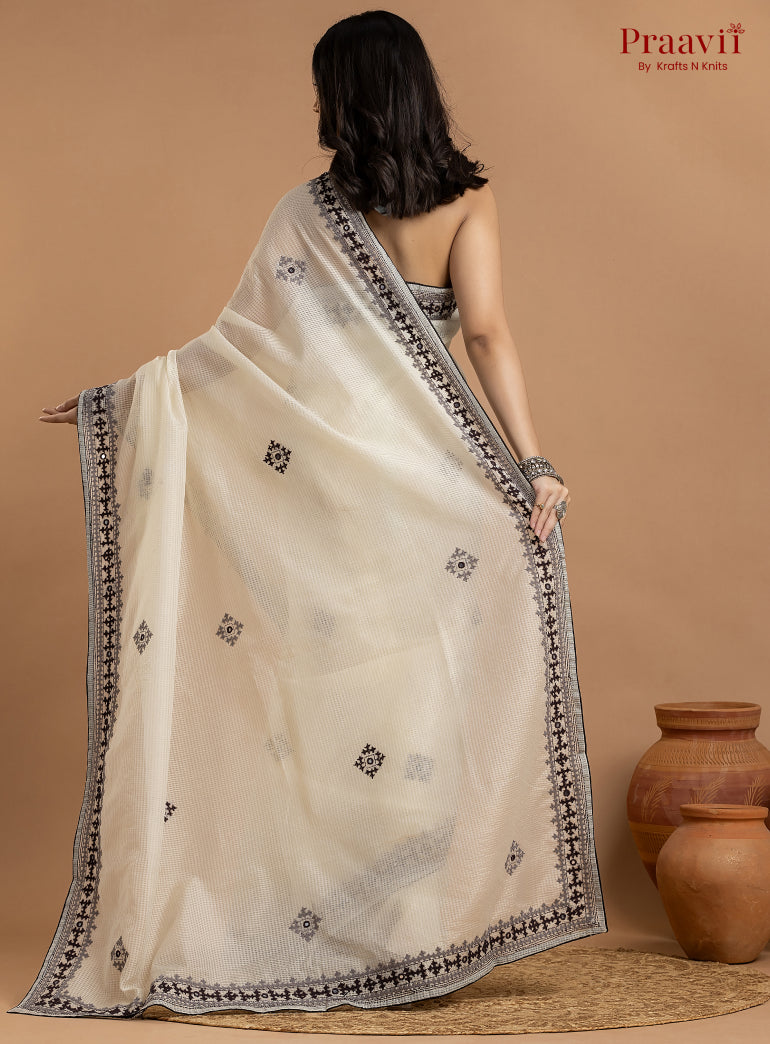 White Kota Saree with Kutch Hand Work