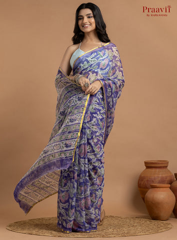 Purple Pure Chiffon Hand Block Print Saree