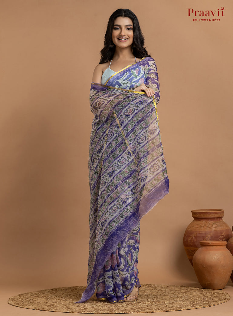 Purple Pure Chiffon Hand Block Print Saree