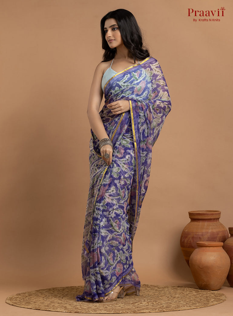 Purple Pure Chiffon Hand Block Print Saree