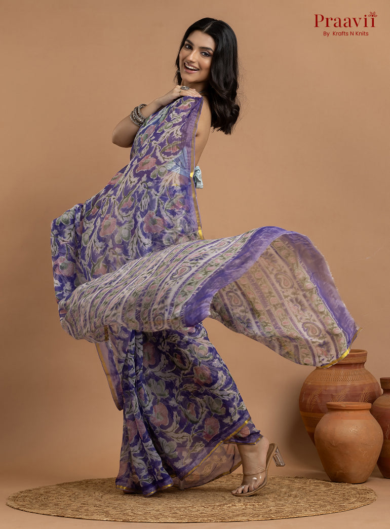 Purple Pure Chiffon Hand Block Print Saree