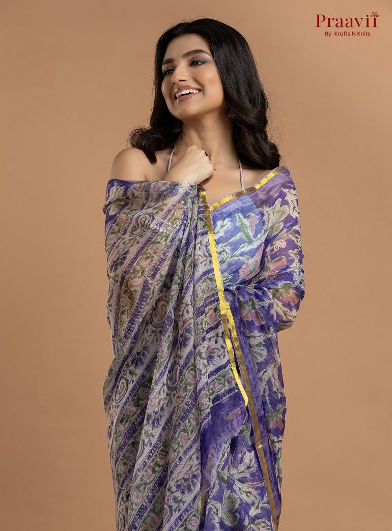 Purple Pure Chiffon Hand Block Print Saree