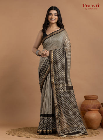 Grey Maheshwari Silk by Cotton Hand Block Print Saree