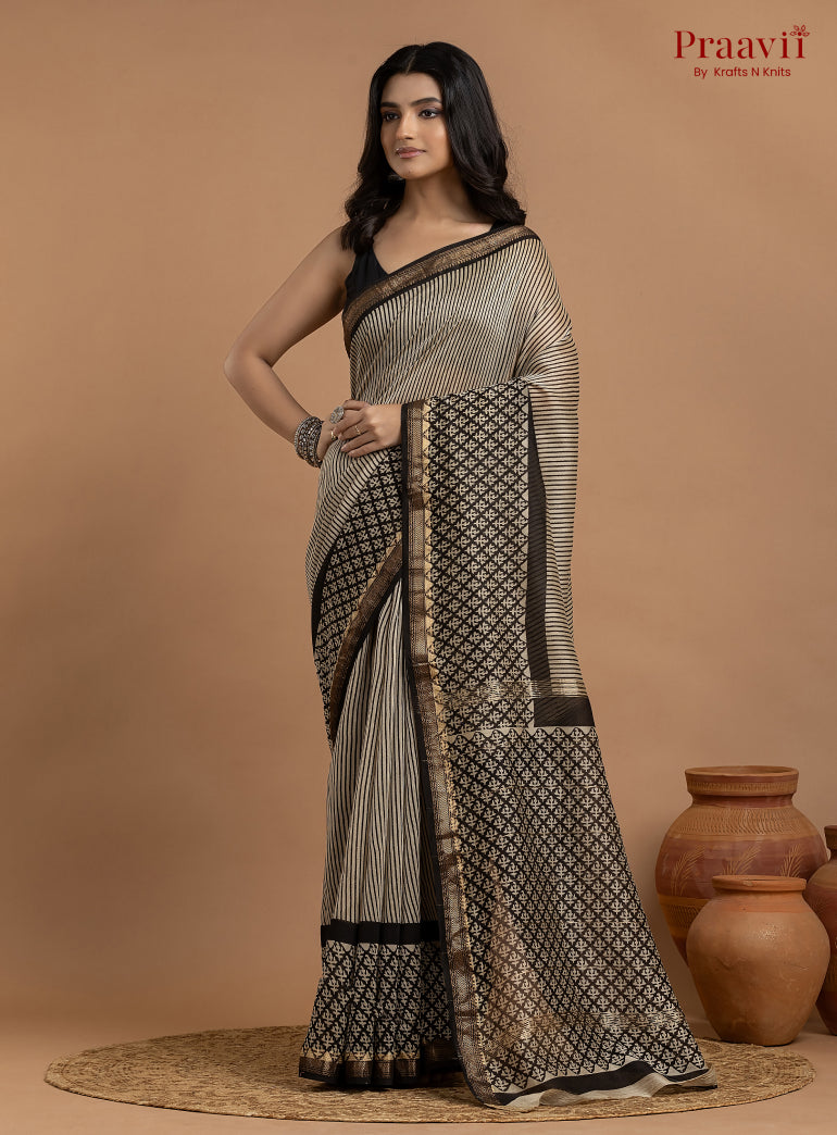 Grey Maheshwari Silk by Cotton Hand Block Print Saree
