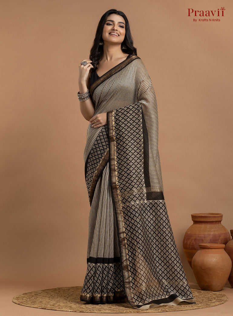 Grey Maheshwari Silk by Cotton Hand Block Print Saree