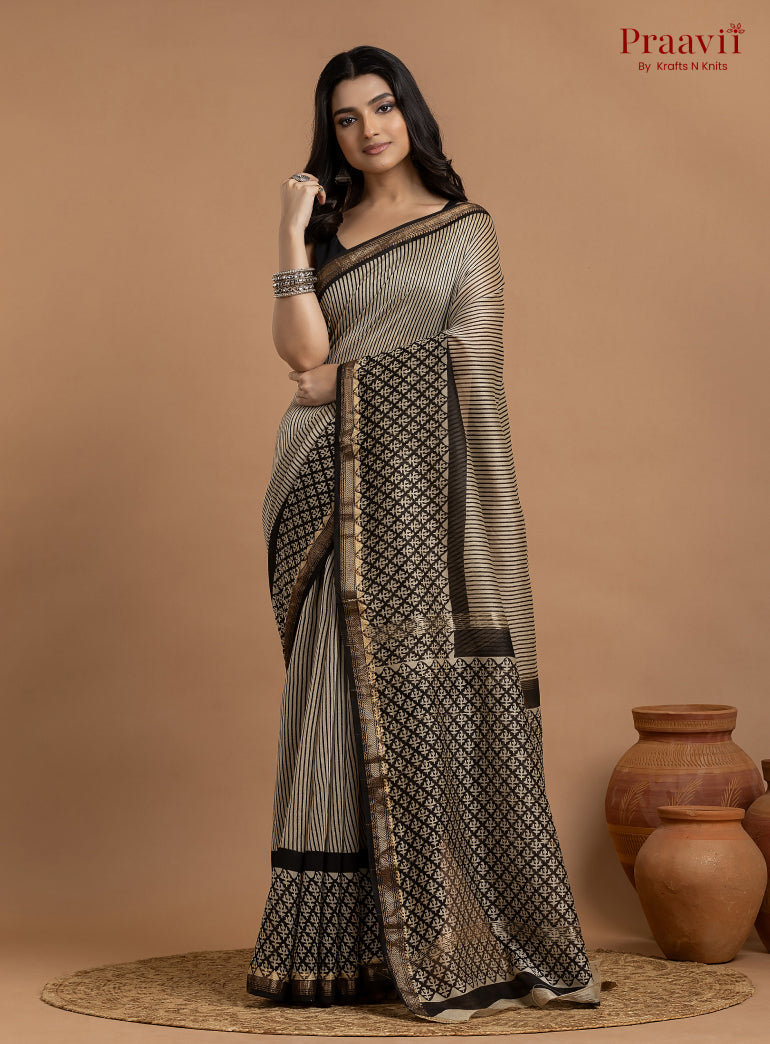 Grey Maheshwari Silk by Cotton Hand Block Print Saree