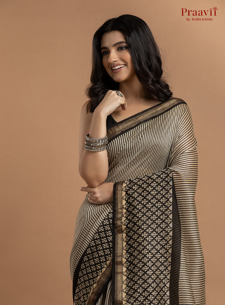 Grey Maheshwari Silk by Cotton Hand Block Print Saree