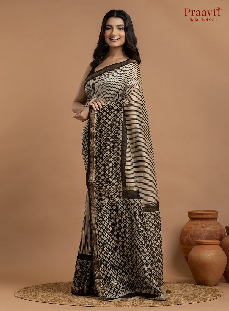 Grey Maheshwari Silk by Cotton Hand Block Print Saree