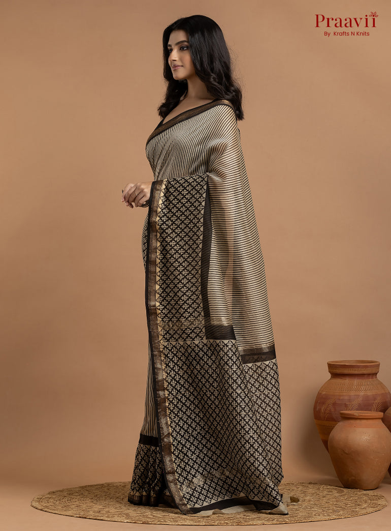 Grey Maheshwari Silk by Cotton Hand Block Print Saree