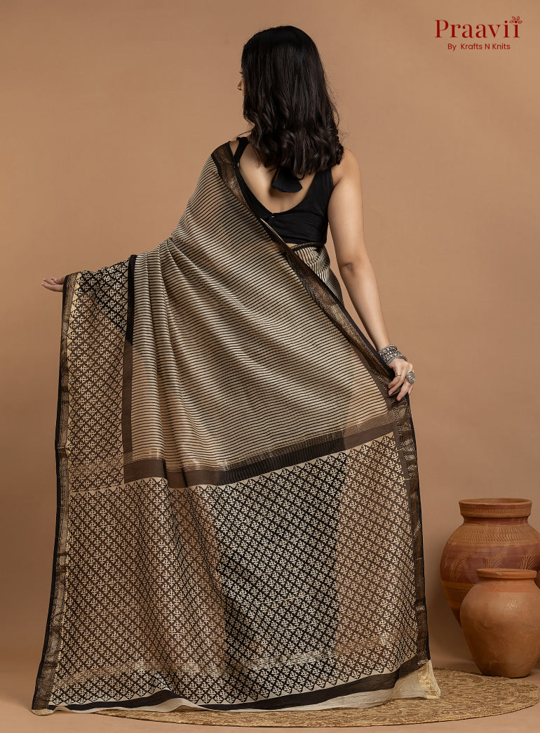 Grey Maheshwari Silk by Cotton Hand Block Print Saree