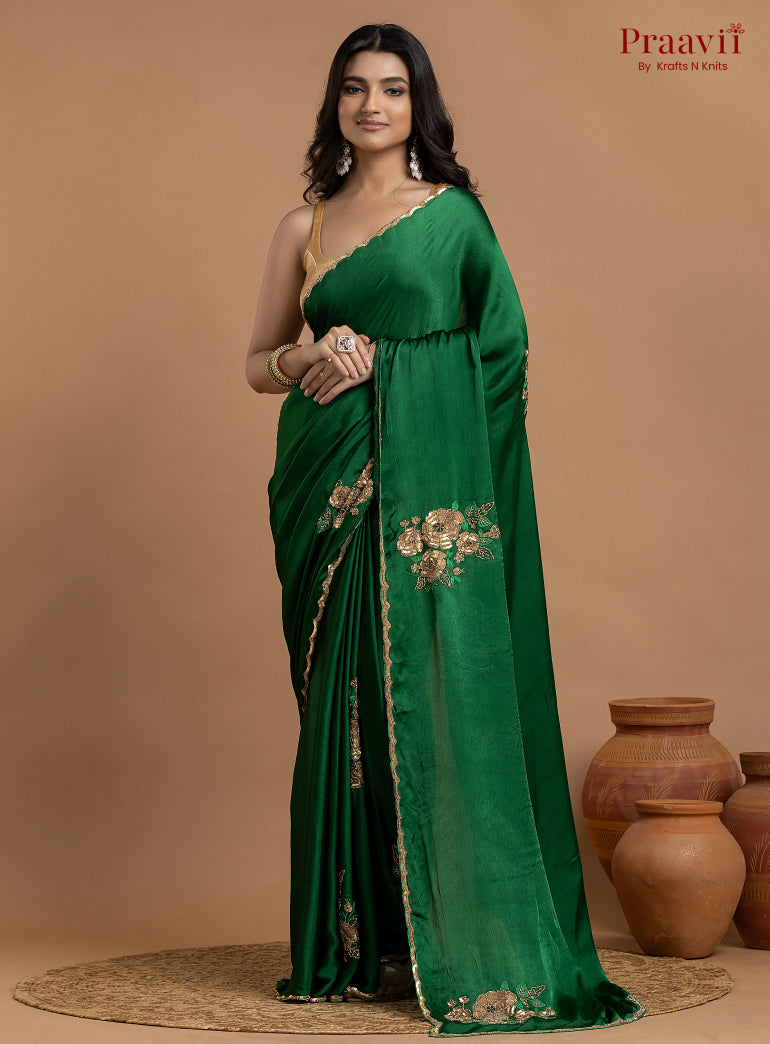 Green Crepe Satin Gold Metal Hand Work Saree