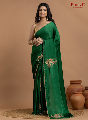 Green Crepe Satin Gold Metal Hand Work Saree