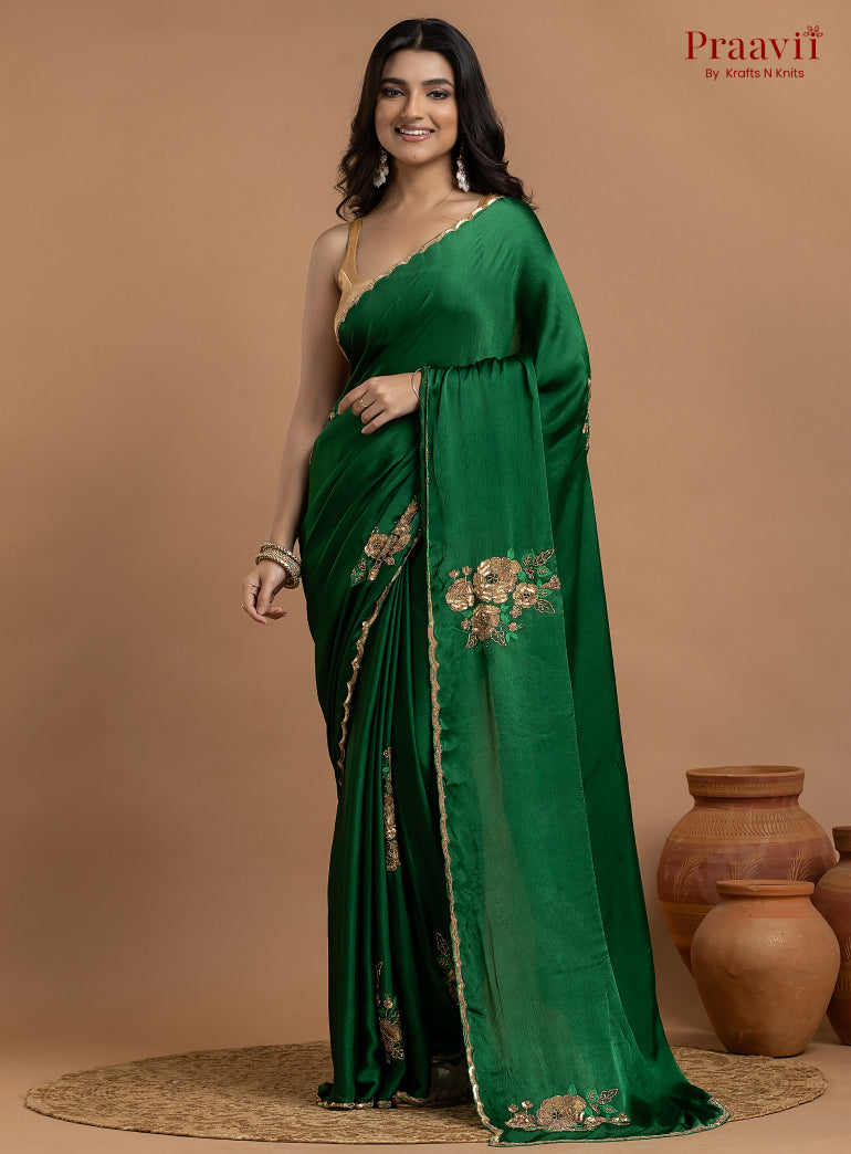 Green Crepe Satin Gold Metal Hand Work Saree