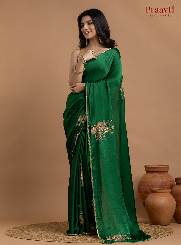 Green Crepe Satin Gold Metal Hand Work Saree