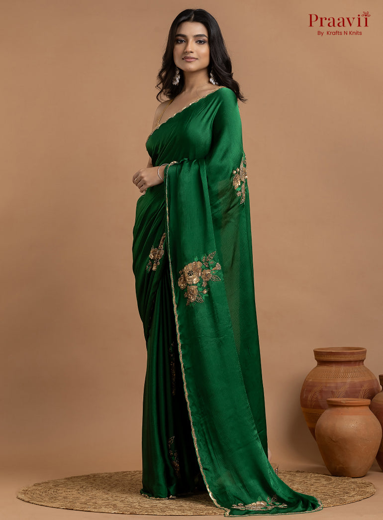 Green Crepe Satin Gold Metal Hand Work Saree