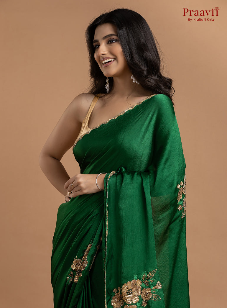 Green Crepe Satin Gold Metal Hand Work Saree