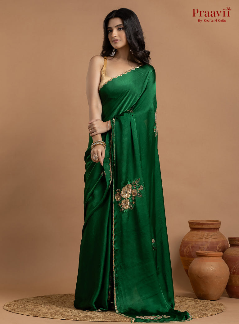 Green Crepe Satin Gold Metal Hand Work Saree