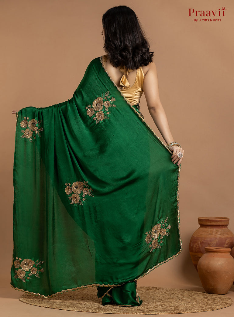 Green Crepe Satin Gold Metal Hand Work Saree