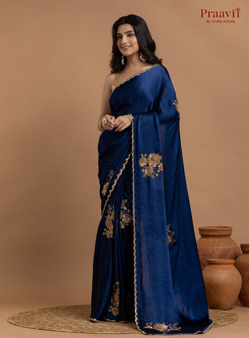 Blue Crepe Satin Gold Metal Hand Work Saree