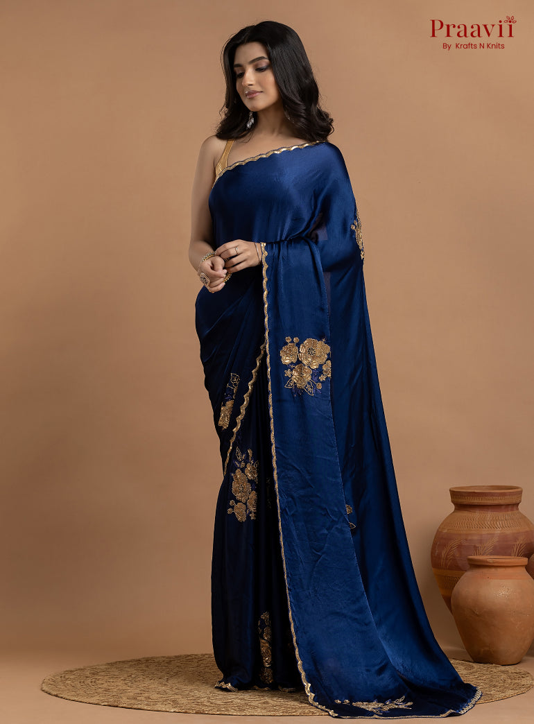 Blue Crepe Satin Gold Metal Hand Work Saree