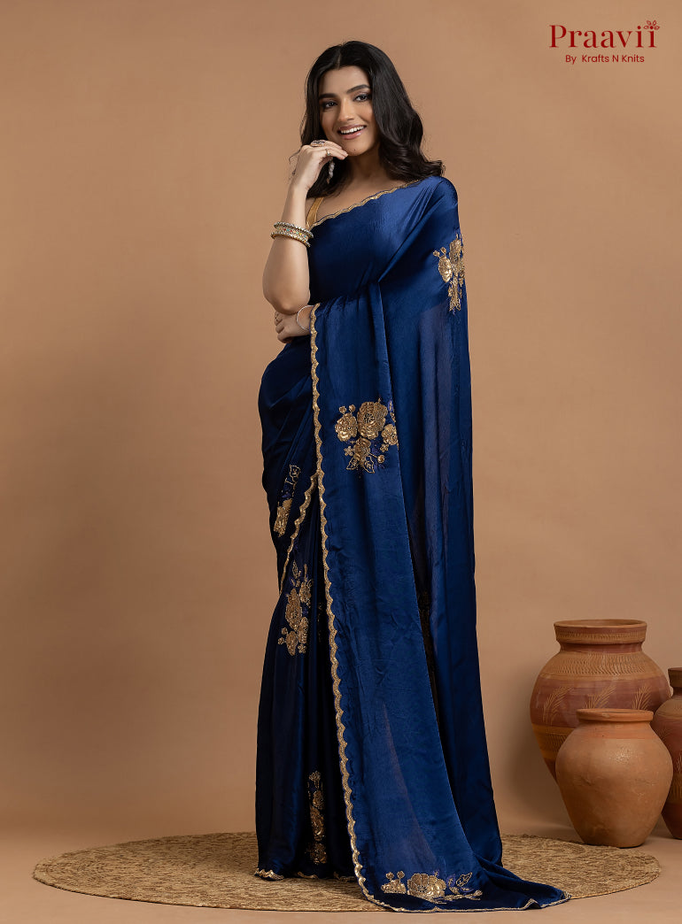 Blue Crepe Satin Gold Metal Hand Work Saree