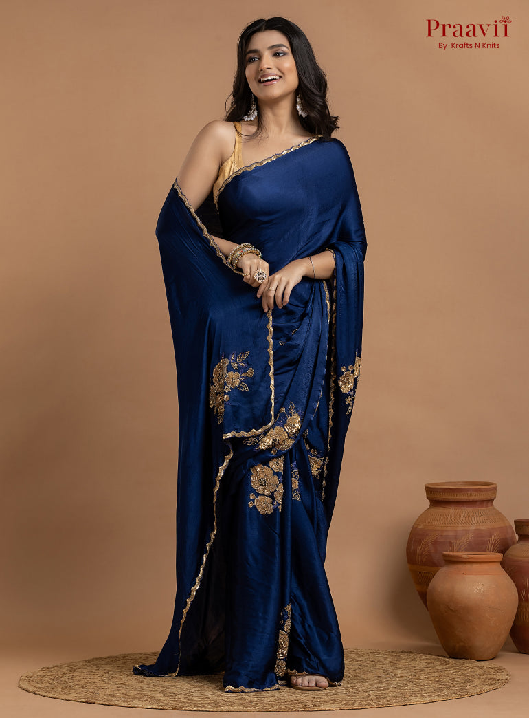 Blue Crepe Satin Gold Metal Hand Work Saree