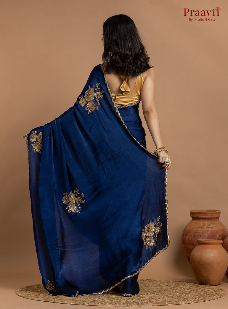Blue Crepe Satin Gold Metal Hand Work Saree