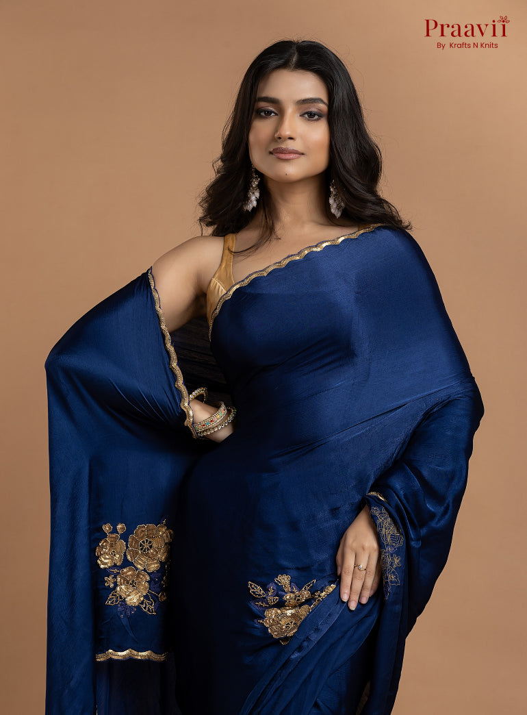 Blue Crepe Satin Gold Metal Hand Work Saree