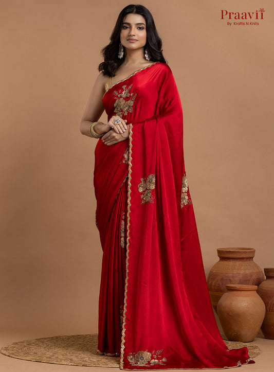 Red Crepe Satin Gold Metal Hand Work Saree