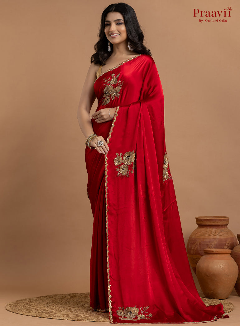 Red Crepe Satin Gold Metal Hand Work Saree