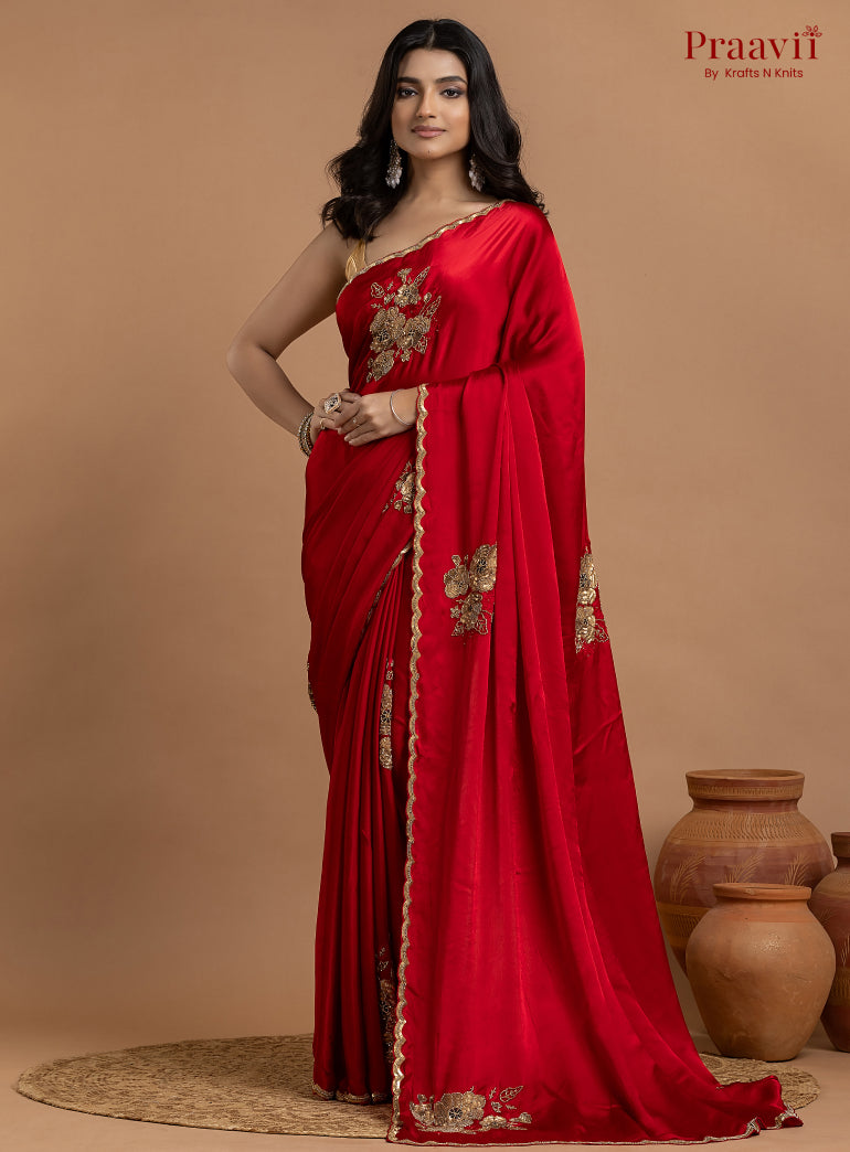Red Crepe Satin Gold Metal Hand Work Saree
