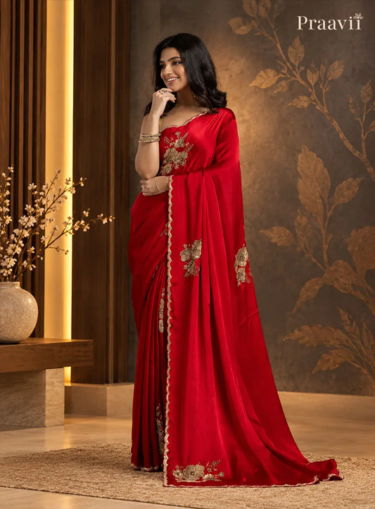 Red Crepe Satin Gold Metal Hand Work Saree