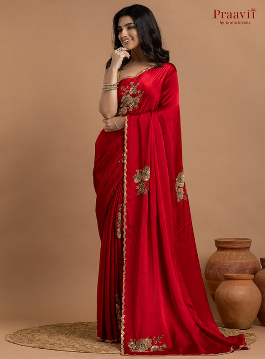 Red Crepe Satin Gold Metal Hand Work Saree
