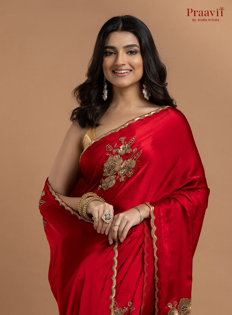 Red Crepe Satin Gold Metal Hand Work Saree