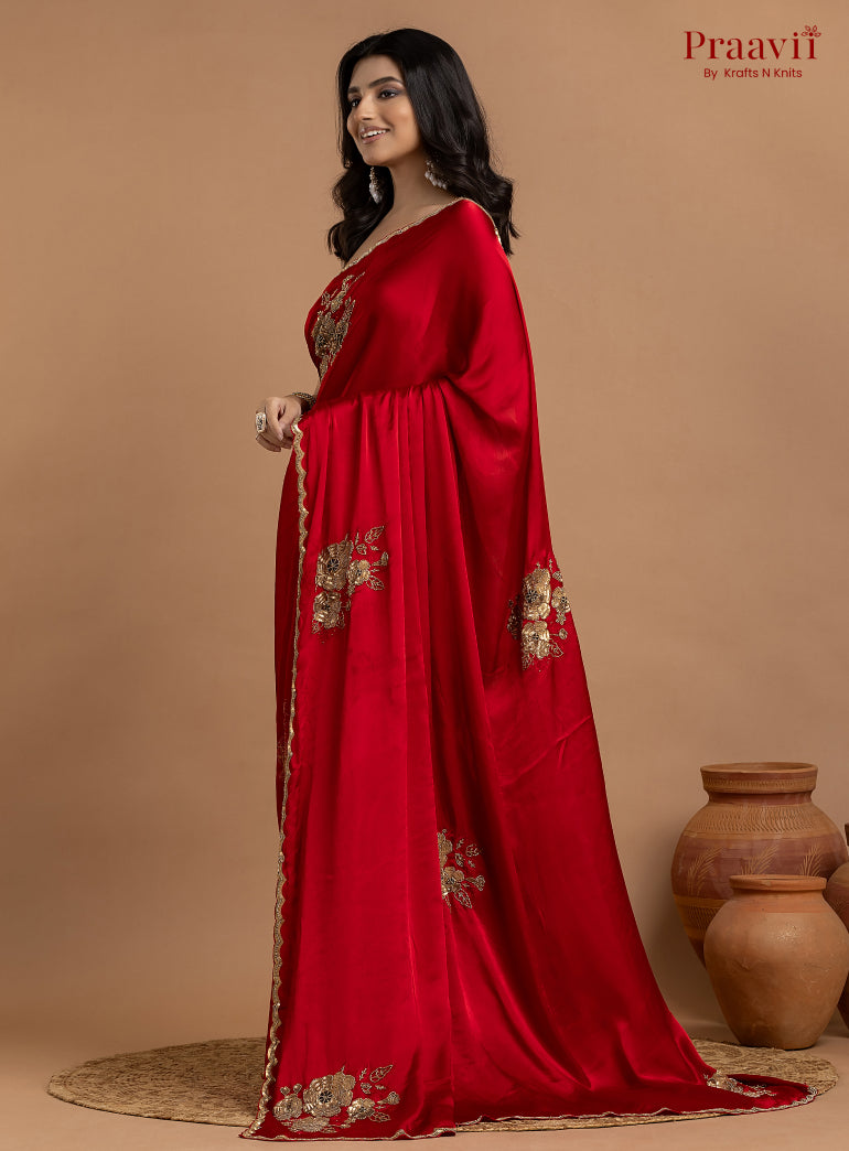 Red Crepe Satin Gold Metal Hand Work Saree