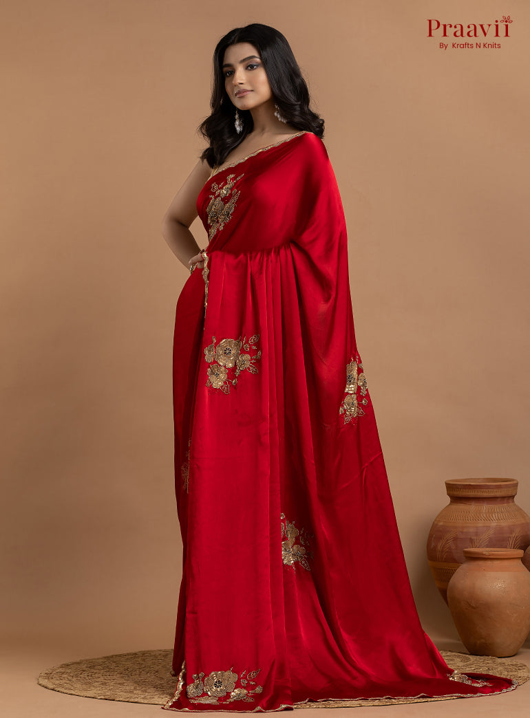 Red Crepe Satin Gold Metal Hand Work Saree