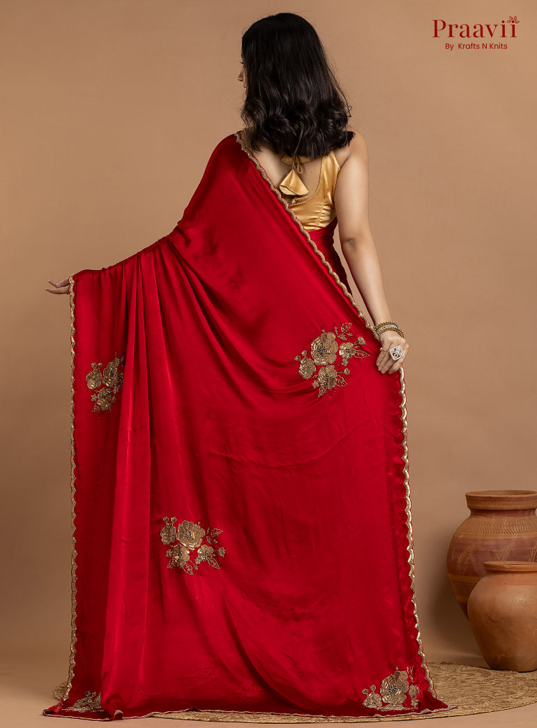 Red Crepe Satin Gold Metal Hand Work Saree
