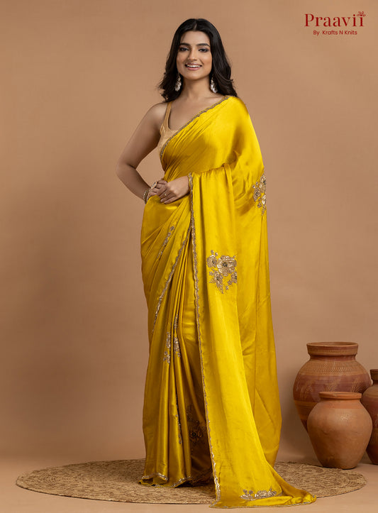 Yellow Crepe Satin Gold Metal Hand Work Saree