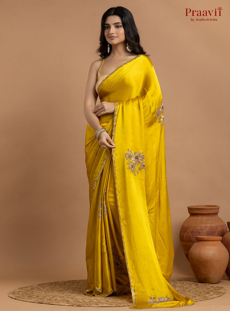 Yellow Crepe Satin Gold Metal Hand Work Saree